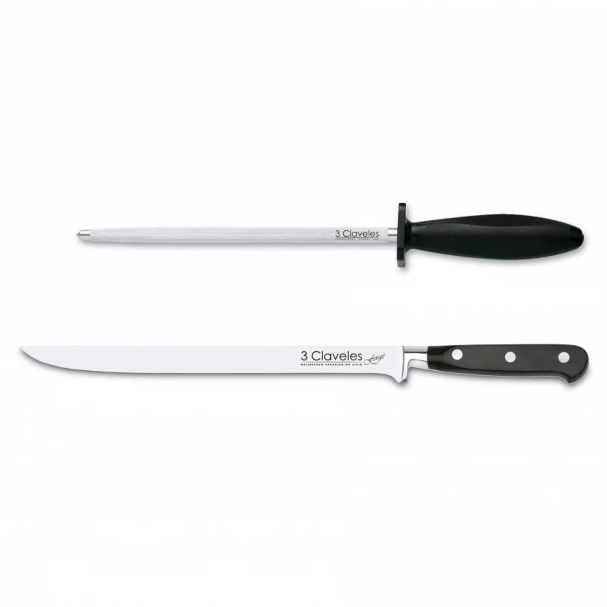 3 CLAVELES - Cuchillo Jamonero 25 cm y Astil 20 cm