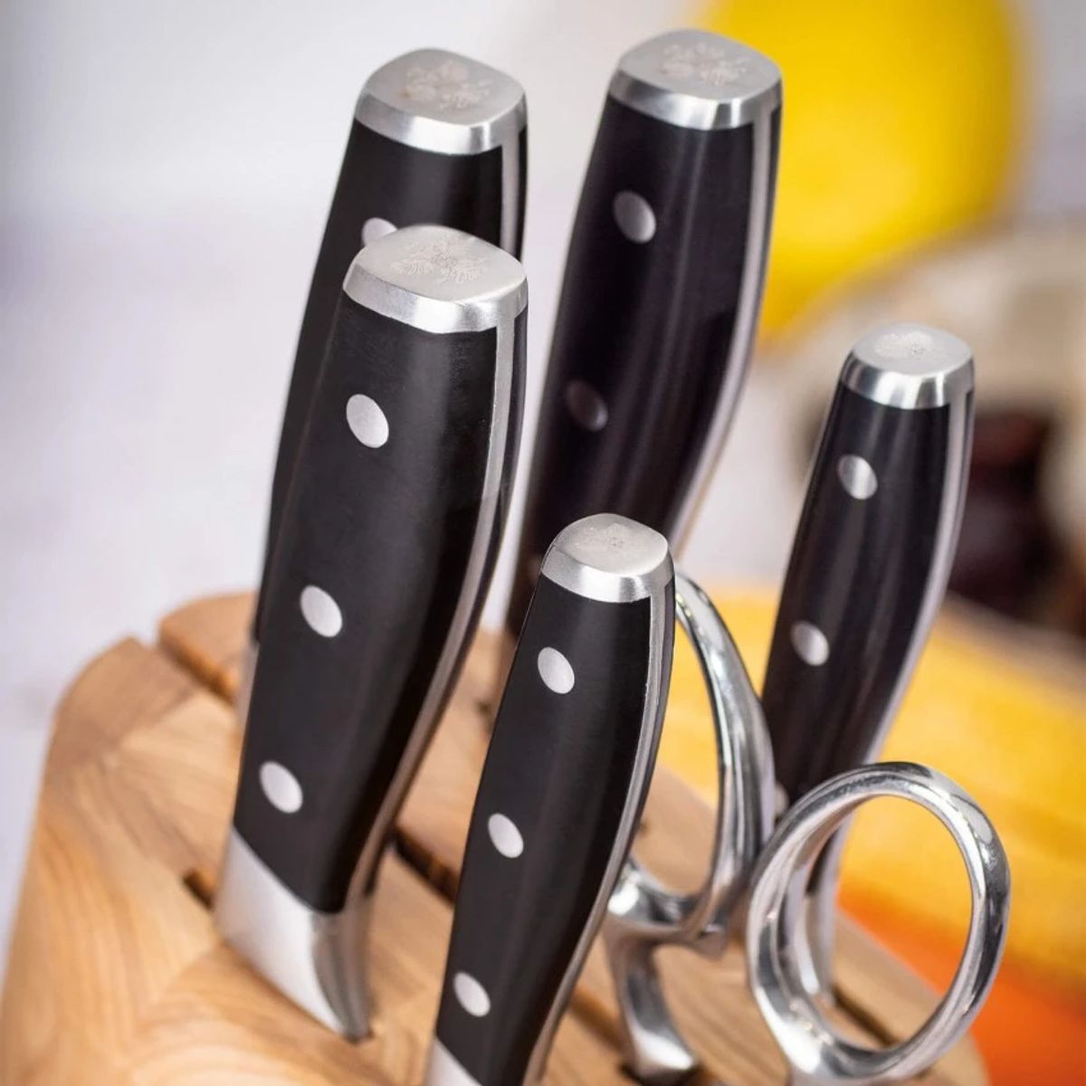 3 CLAVELES - Cuchillos Set 5 Pzas ASH Toledo + Tijera Porta Cuchillo