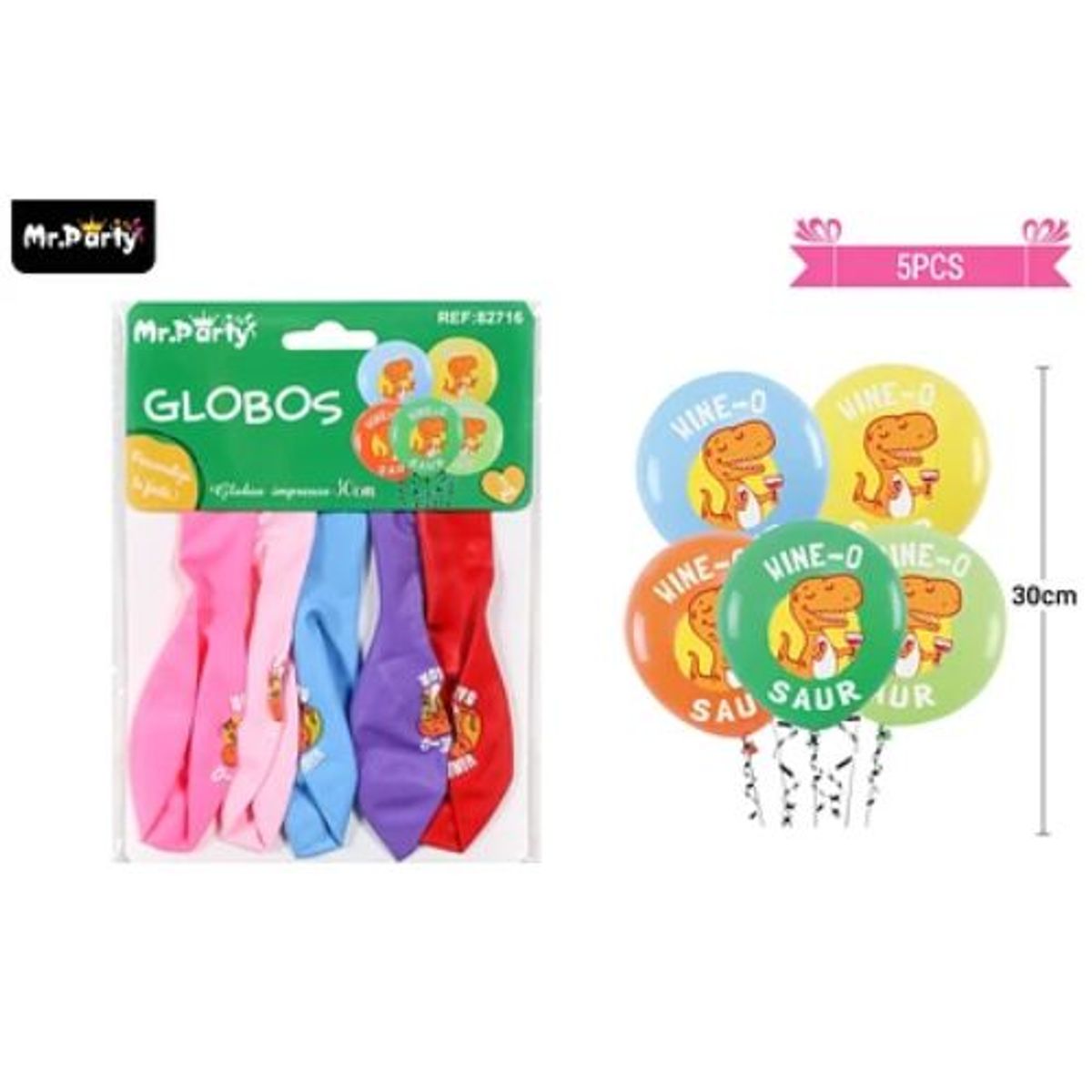 GENERICO - Globos de látex mate multicolor con dinosaurios 30cm 5pcs
