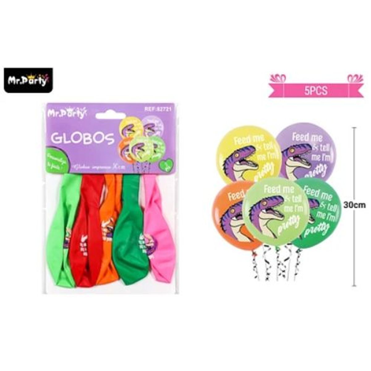 GENERICO - Globos de látex mate multicolor con dinosaurios 30cm 5pcs