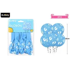 GENERICO - Globos de látex mate celeste baby shower con estampado de huella blanco 30cm 5pcs