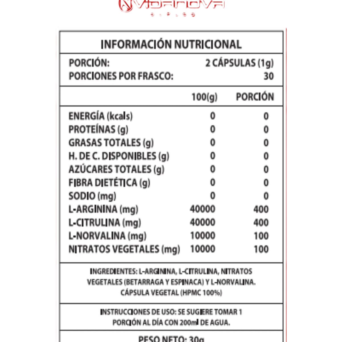 GENERICO - Óxido Nítrico Vidanova® 60 Cáps 1.000 Mg Booster Pre Entreno Sin Sabor