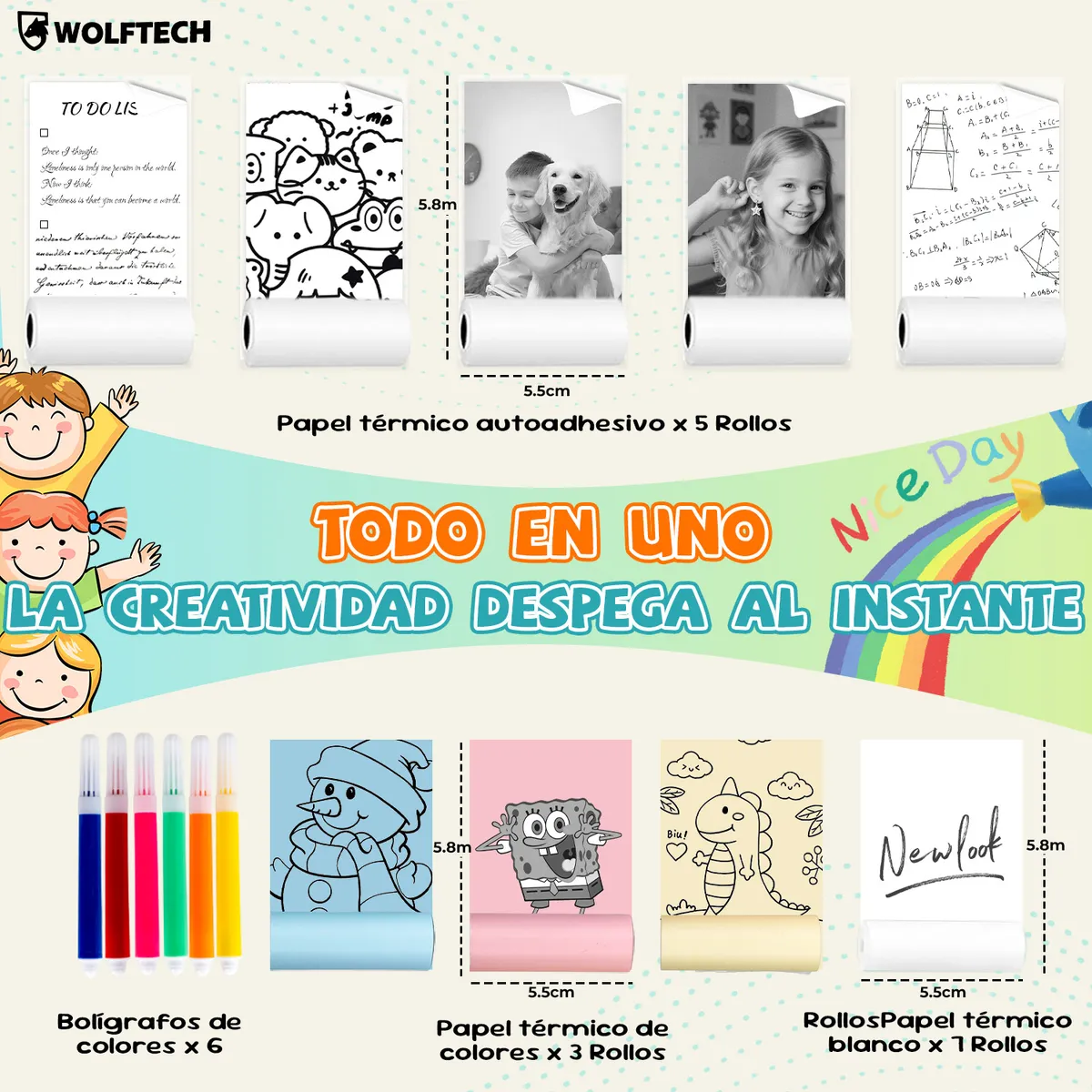 WOLFTECH - Mini Impresora Térmica Portátil Bluetooth 15 Rollos Wolftech Blanco