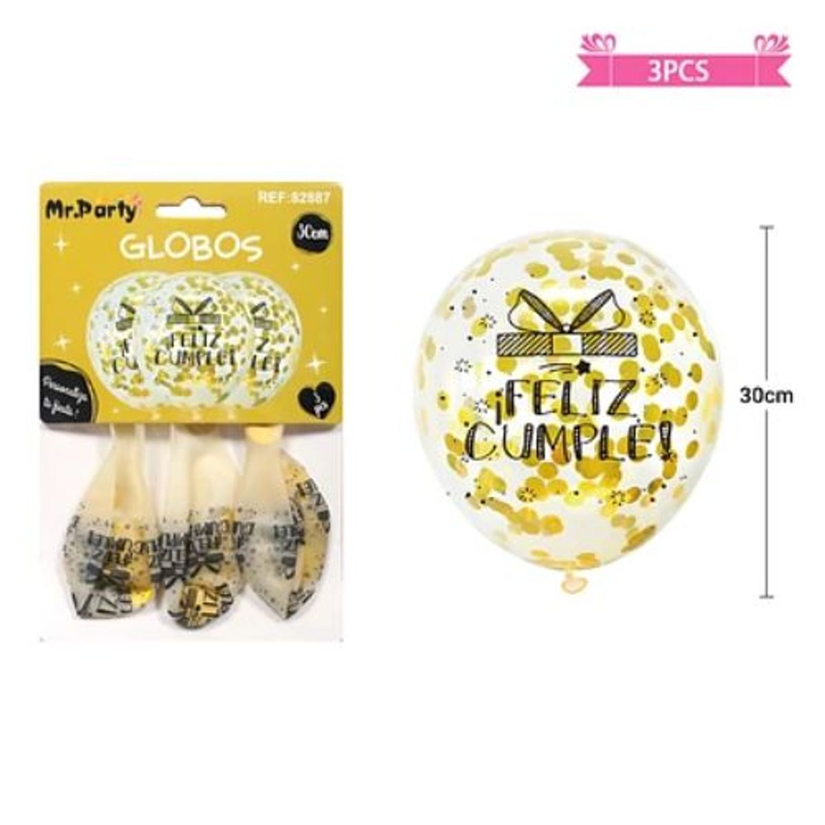 GENERICO - Globos de látex con confetti redondo dorado feliz cumpleaños 30cm 3pcs