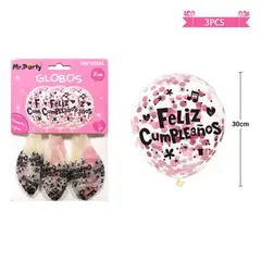 GENERICO - Globos de látex con confetti redondo rosado feliz cumpleaños 30cm 3pcs