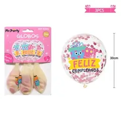 GENERICO - Globos de látex con confetti redondo rosado feliz cumpleaños 30cm 3pcs
