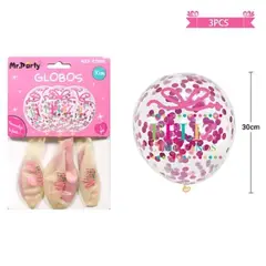 GENERICO - Globos de látex con confetti redondo rosado feliz cumpleaños 30cm 3pcs Detalle 770