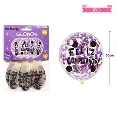 GENERICO - Globos de látex con confetti redondo morado feliz cumpleaños 30cm 3pcs