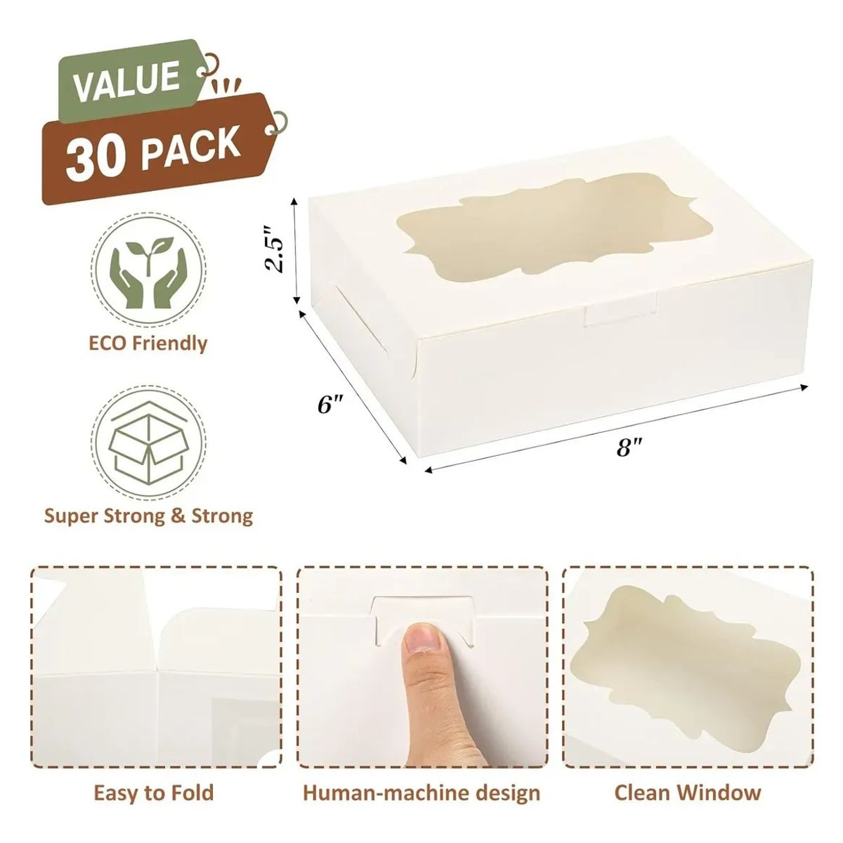 KUANGYE - Pack 30 Cajas Para 6 Alfajores 203x152x63mm Con Visor/ventana Blanco
