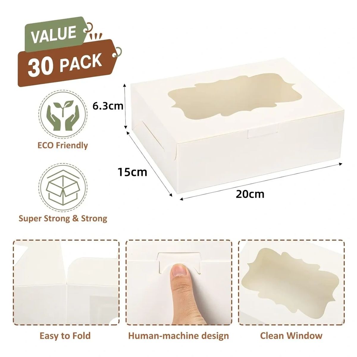 KUANGYE - Pack 30 Cajas Regalo Para 6 Alfajores 20x15x6.3cm Con Visor/ventana, para magdalenas, donas