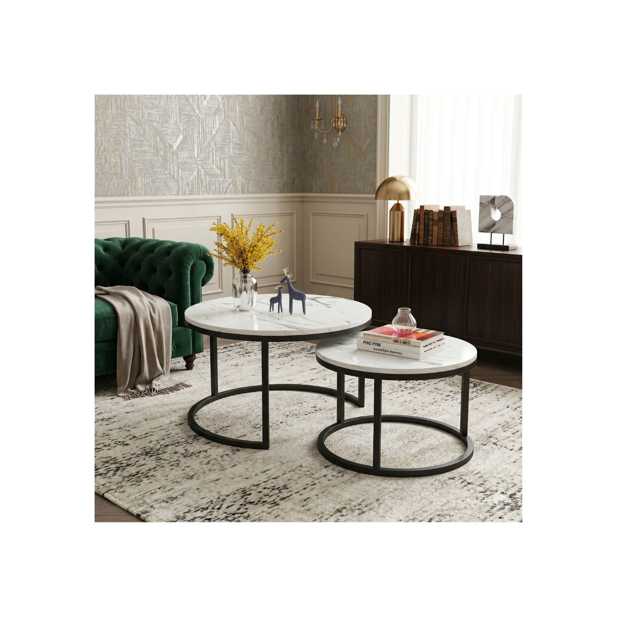 GENERICO - Mesa De Centro Auxiliar Doble Melamina 70x50cm 34x40cm Blanco con Negro