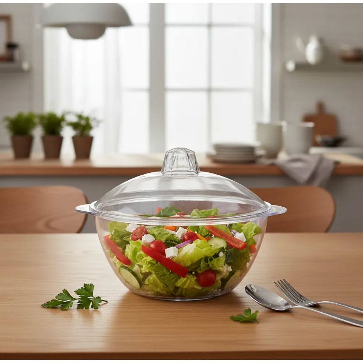 GENERICO - Ensaladera Bowl Acrílico Transparente Con Tapa 22cm Cocina