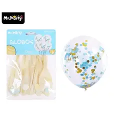 GENERICO - Globos de látex con confetti de redondo celeste y dorado 30cm 5pcs