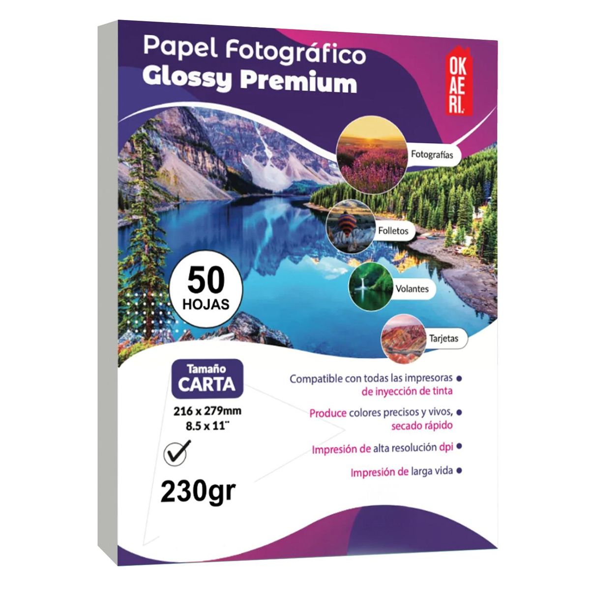 CURSOR - Papel Fotográfico Glossy Brillante Carta 230g 50 Hojas - Blanco
