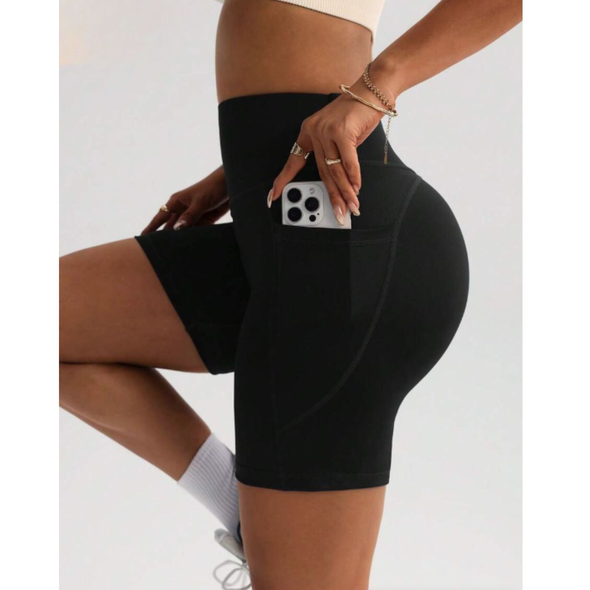 LIKE SHOP - Calza Corta Deportiva Tiro Extra Alto Gym Bolsillo Lycra Colores 7035