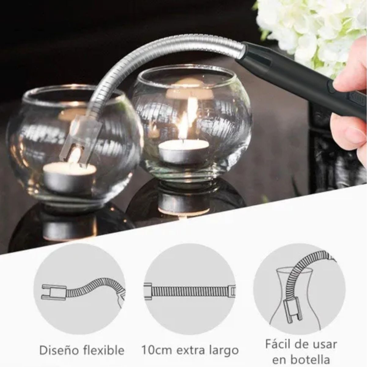 IRM - Encendedor Eléctrico Recargable Usb Cocina Flexible Arco Plasma Negro Sin Gas Llama FIGOIMPORT