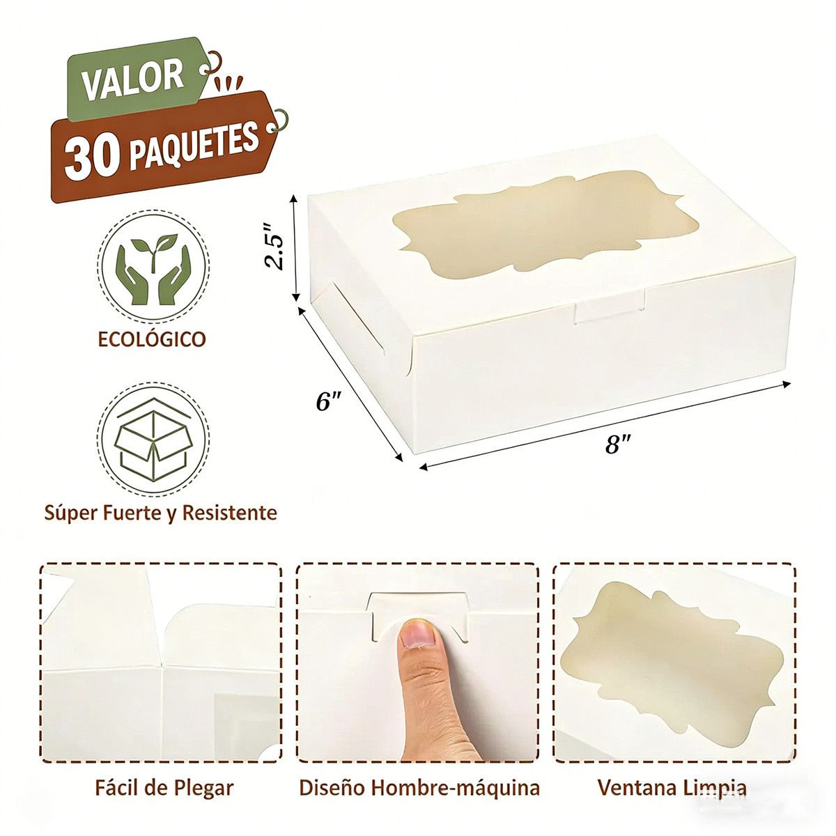Pack 30 Cajas Para 6 Alfajores 20x15x6cm Con Visor/ventana Blanco, marca KUANGYE - Foto 2