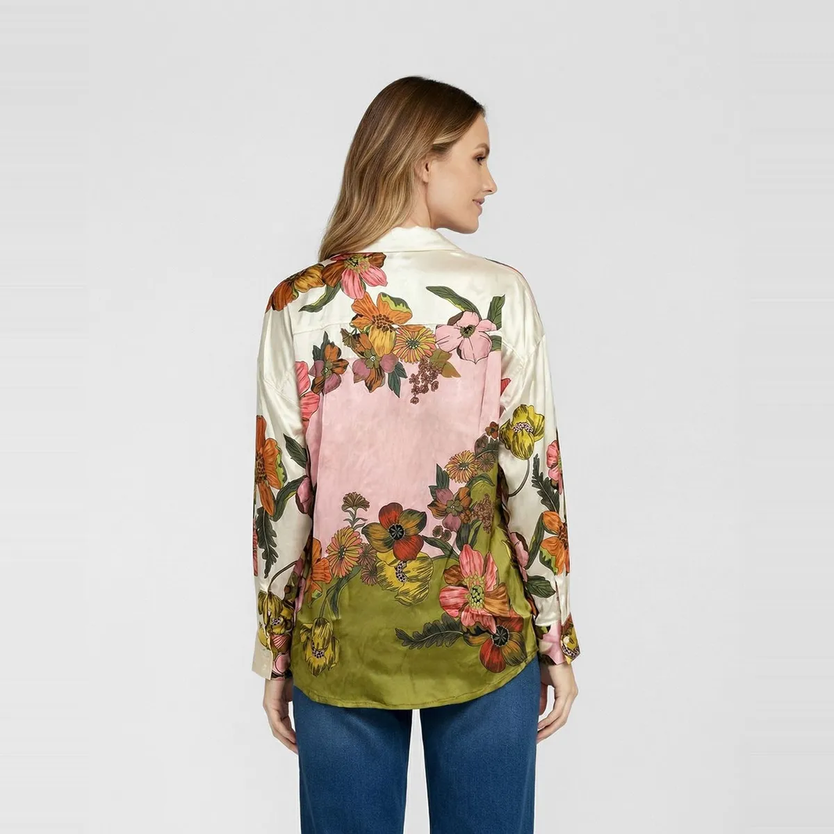 LINEATRE - Blusa Mujer Elisiana Relaxed Cuello tipo camisa Manga 3/4 Militar Lineatre
