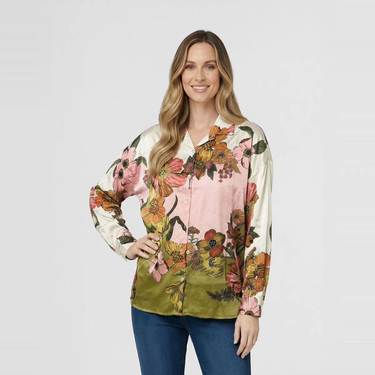 LINEATRE - Blusa Mujer Elisiana Relaxed Cuello tipo camisa Manga 3/4 Militar Lineatre