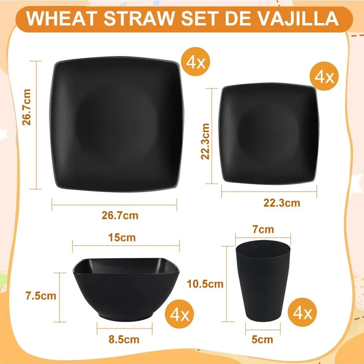 Cuadrada Vajilla Juego Cocina Paja Trigo Plato Tazas Kit Negro, marca KUANGYE - Foto 2