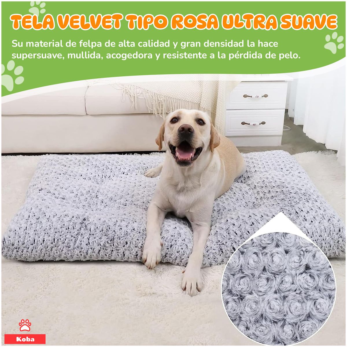 KOBA - Cama Antiestrés Lavable Para Perros Gatos Extra Grande 120x75x10cm Color Gris