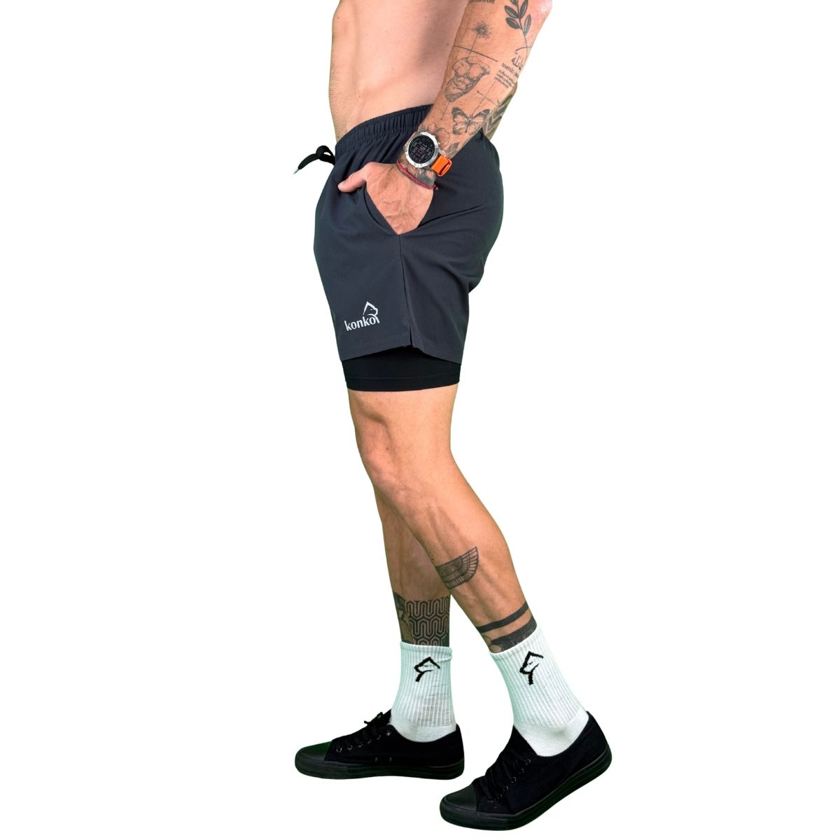 KONKO ACTIVE - Short Deportivo Hombre Con Calza 2 en 1 Perfect Black Grey Konko