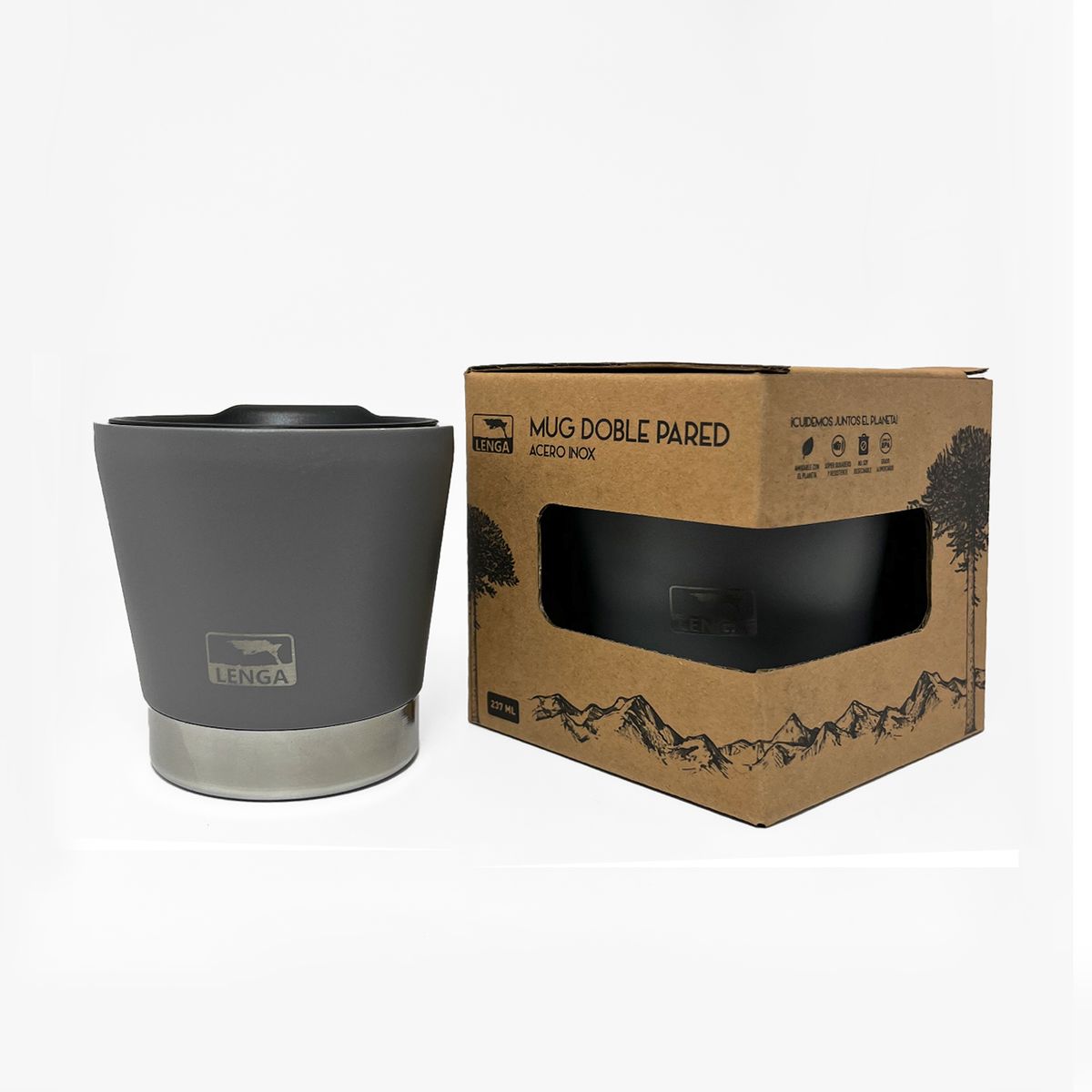 LENGA - Mug Acero Inox Doble Pared Aislante De 237ml Lenga Gris Oscuro