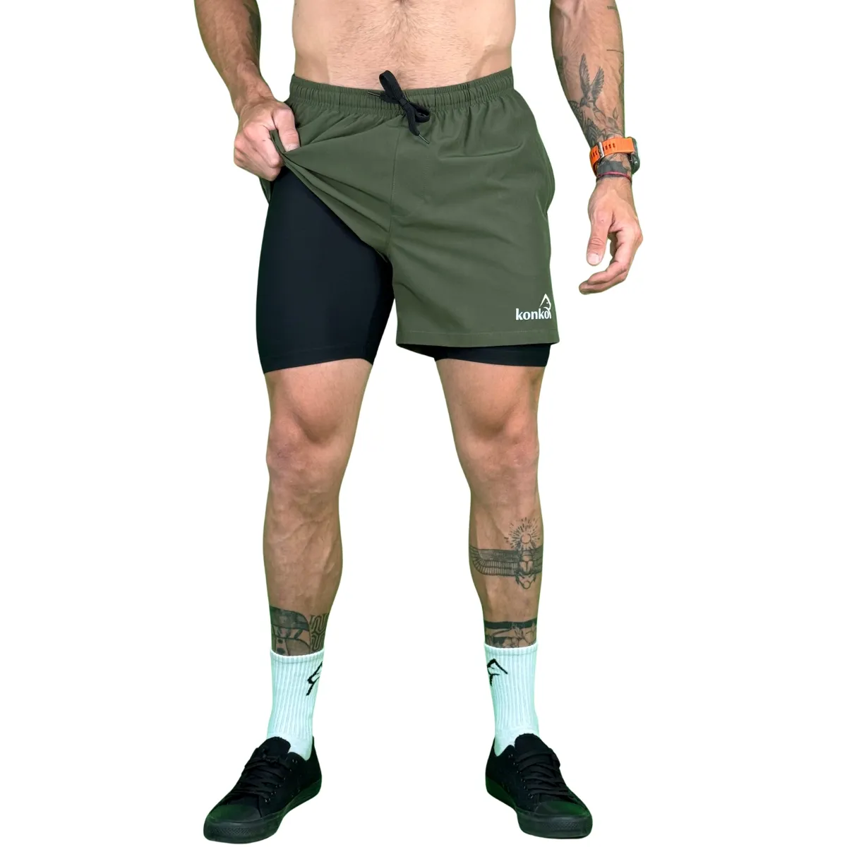KONKO ACTIVE - Short Deportivo Hombre Con Calza 2 en 1 Perfect Army Konko