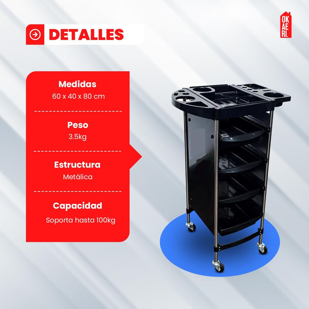 GENERICO - Carro Ayudante Organizador Multifuncional Peluquería Negro - Negro