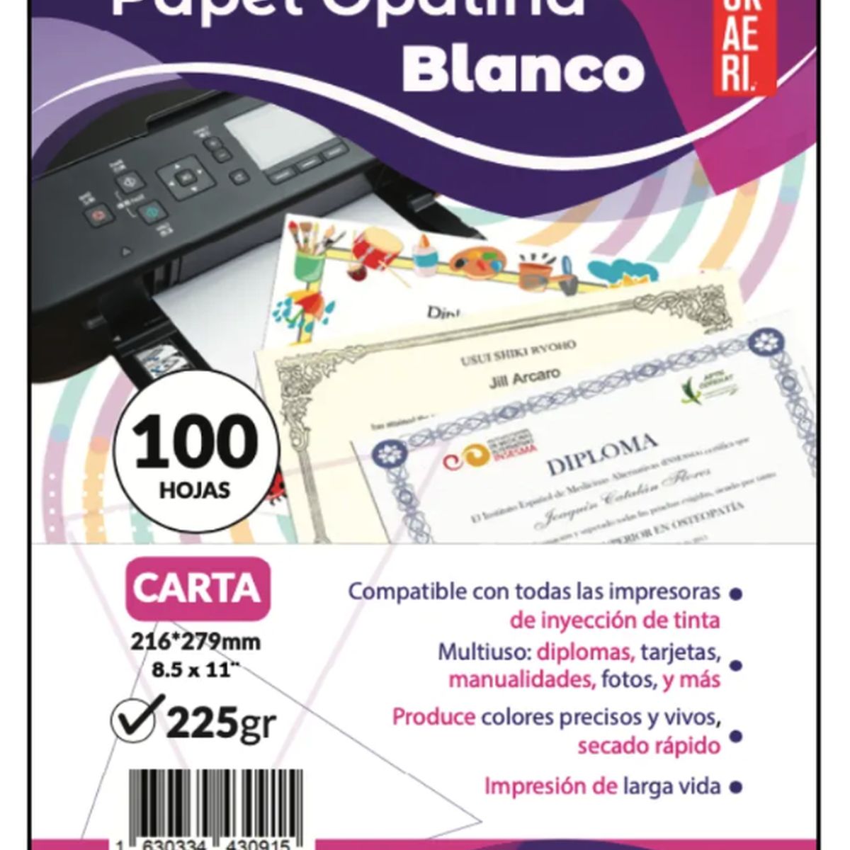 CURSOR - Papel Opalina lisa 225gr Tamaño Carta 100 Hojas