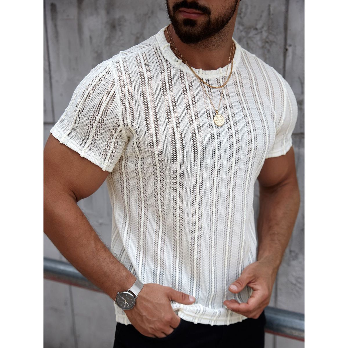 LIKE SHOP - Polera Hombre Manga Corta Tejida Cuello Redondo Casual 0275