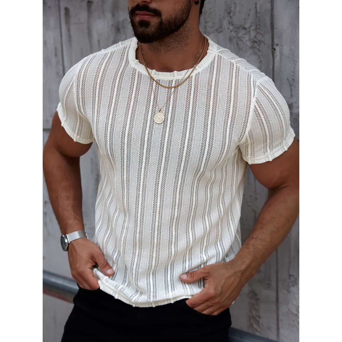 LIKE SHOP - Polera Hombre Manga Corta Tejida Cuello Redondo Casual 0275
