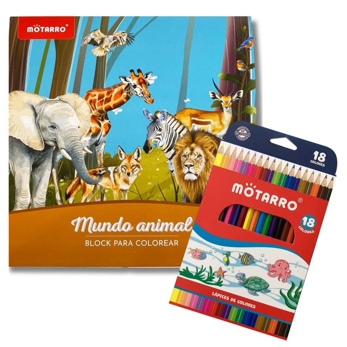 MOTARRO - Libro - Block para colorear - Mundo animal + 18 lápices de colores