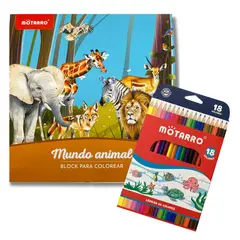 MOTARRO - Libro - Block para colorear - Mundo animal + 18 lápices de colores