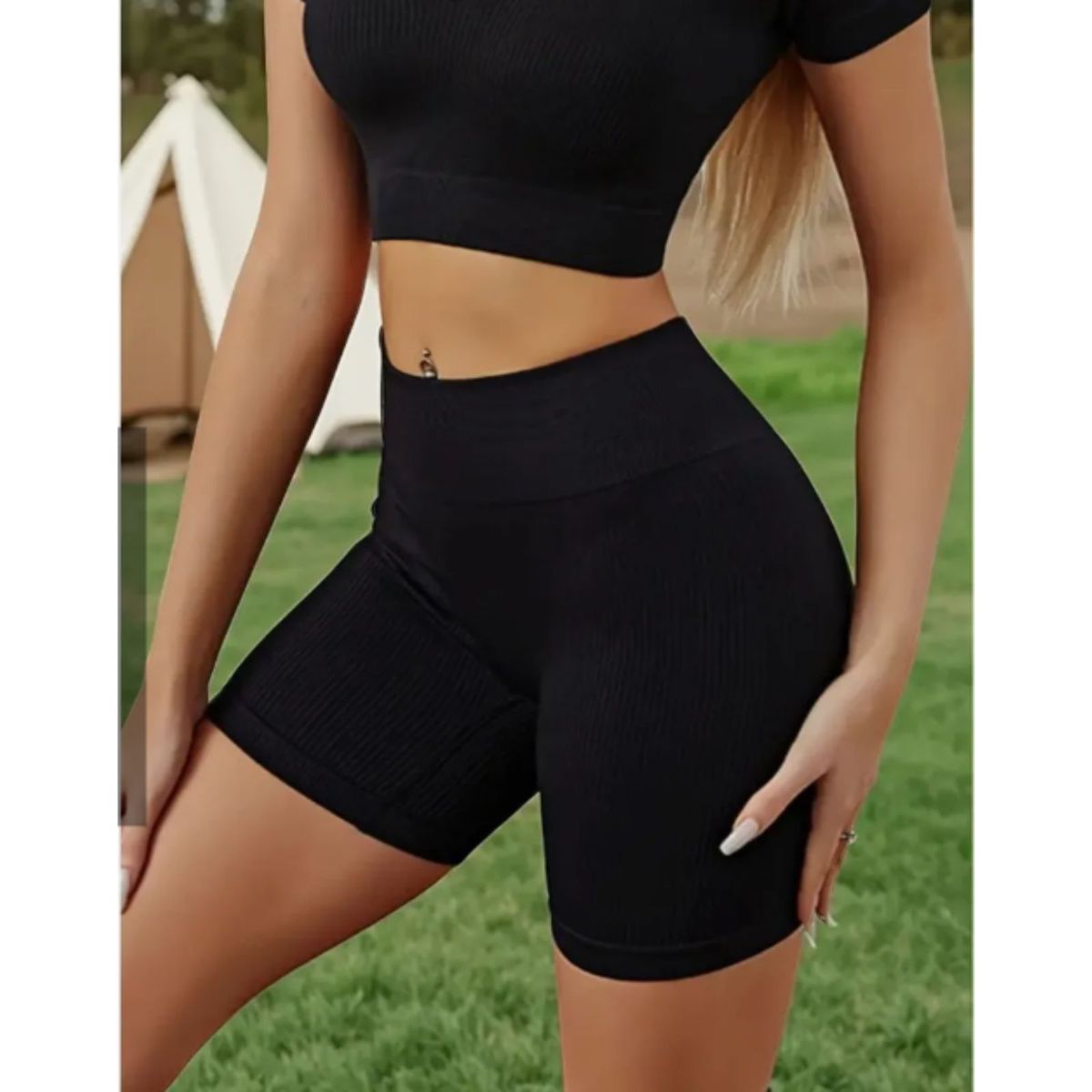 LIKE SHOP - Calza Corta Acanalada Mujer Verano Tiro Alto Yoga Gym 8007