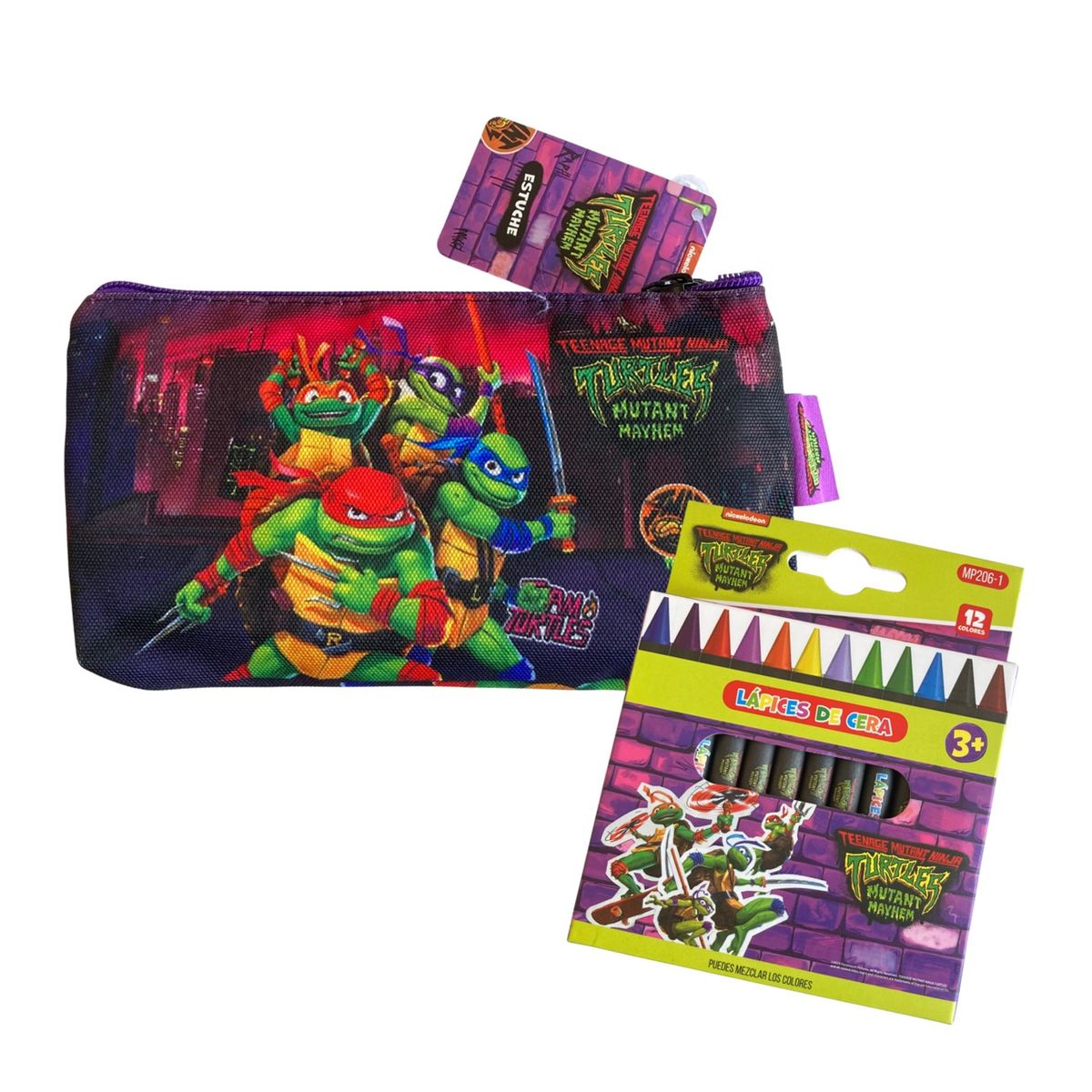 MOTARRO - Pack escolar Tortugas Ninja - Estuche + 12 lápices de cera