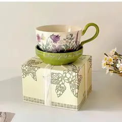GENERICO - Taza Cilíndrica con Plato Para Café Estilo Francesa Beige Con Verde Floreado