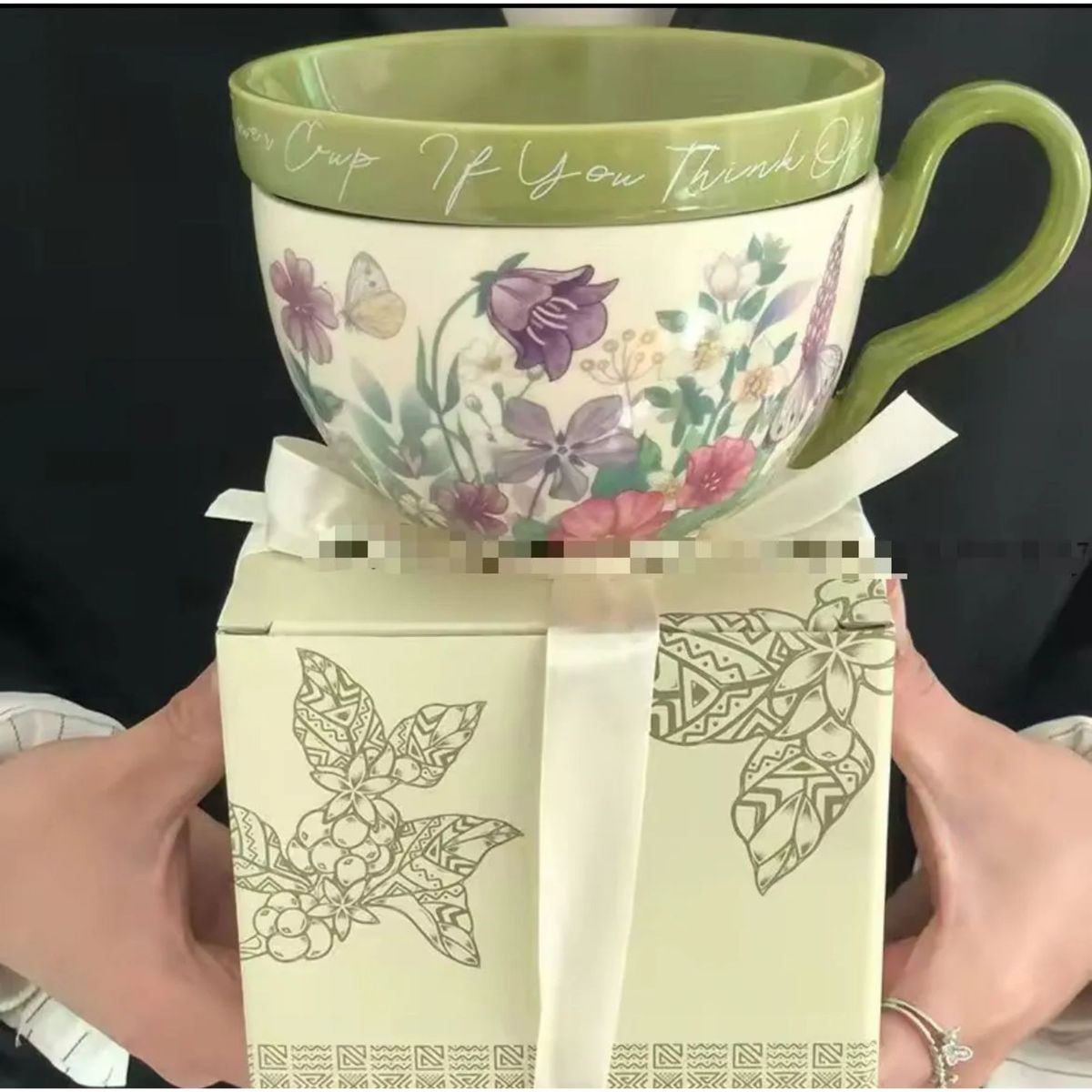 GENERICO - Taza Cilíndrica con Plato Para Café Estilo Francesa Beige Con Verde Floreado