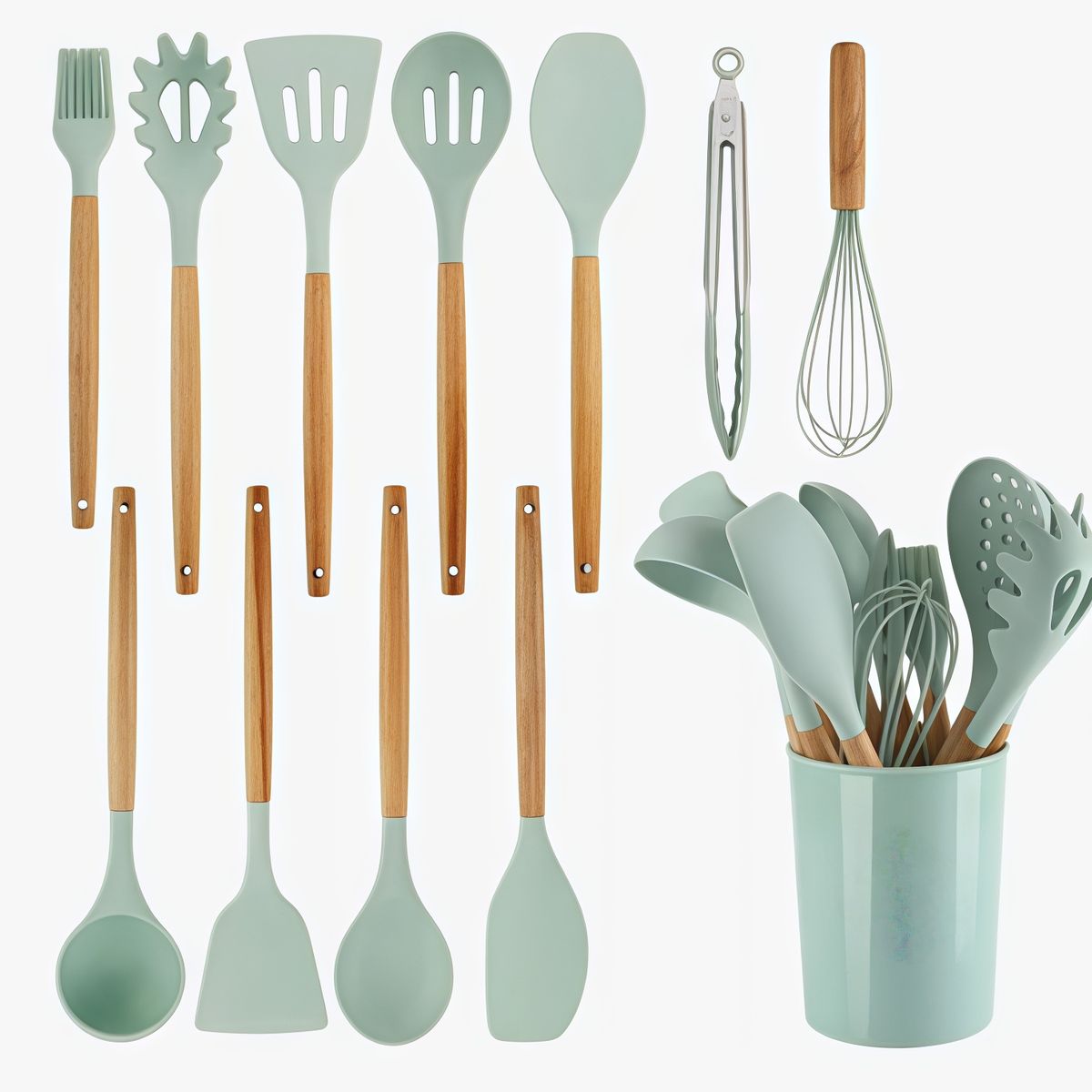 GENERICO - Set 12pcs Utensilios De Cocina De Silicona Antiadherentes Verde
