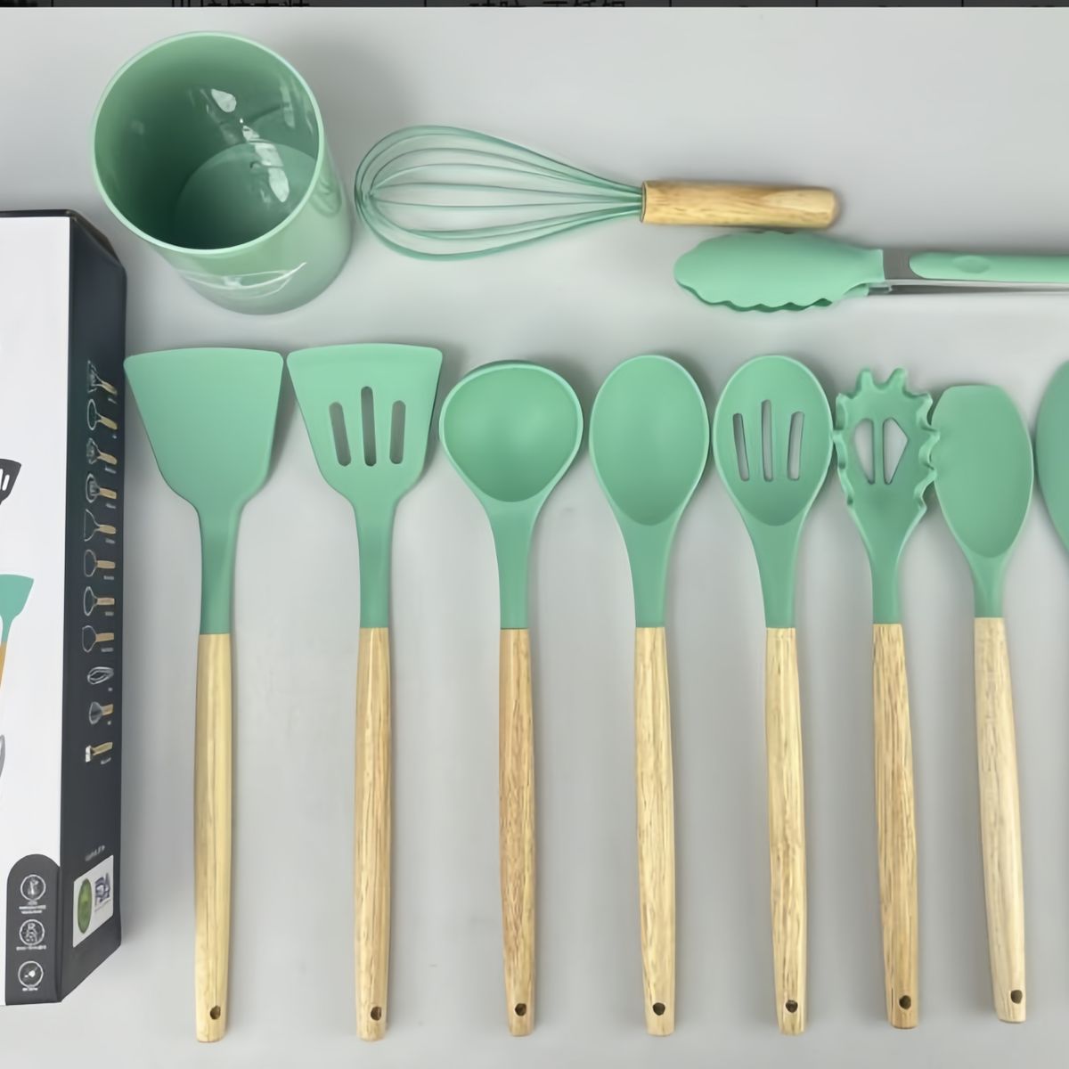GENERICO - Set 12pcs Utensilios De Cocina De Silicona Antiadherentes Verde