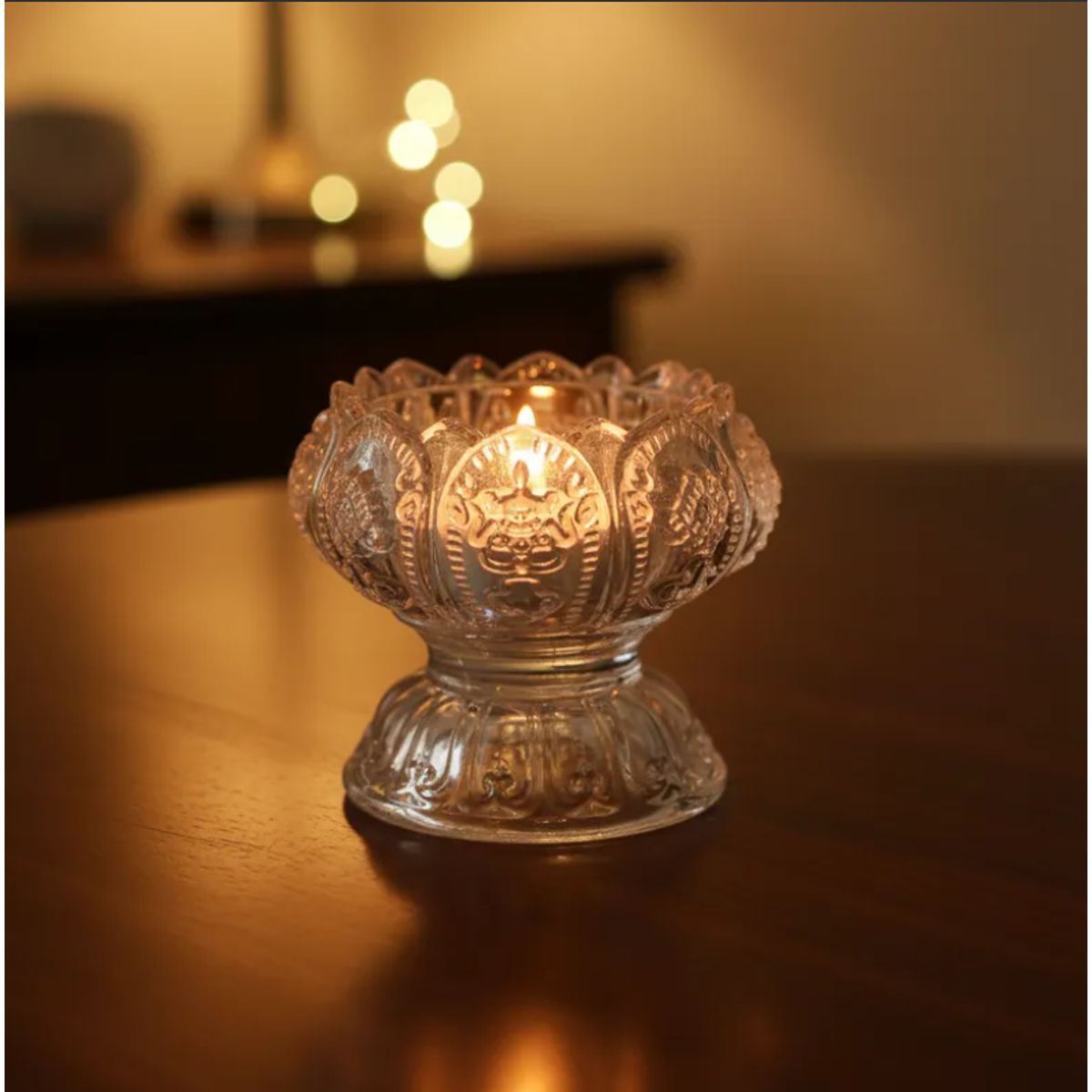 GENERICO - Set  x6 Portavelas de cristal tallado diseño flor de loto