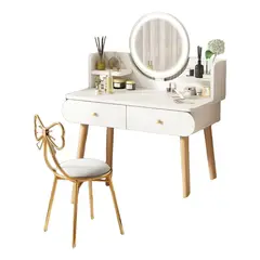 MOVI - TOCADOR BLANCO CON ESPEJO REDONDO, TABURETE Y 2 CAJONES