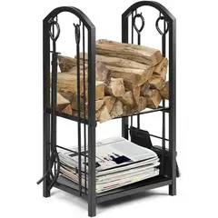 GENERICO - Leñero con accesorios 5 piezas 38x30x74cm Grill supreme