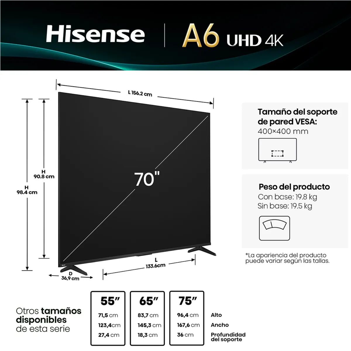 HISENSE - Televisor Hisense 70A6N 70" 4K UHD Smart Google TV - Caja Reciclada