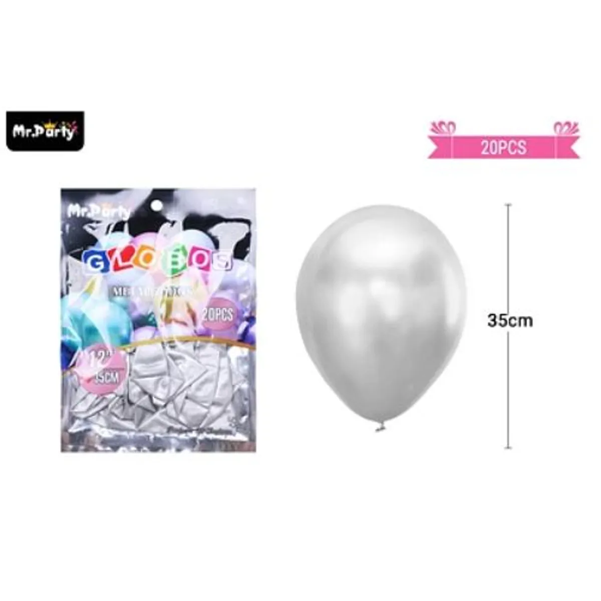 GENERICO - Globos de látex plateado cromados metalizados 35cm 20pcs