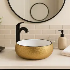 GENERICO - Lavamanos Circular Tipo Mármol Dorado Con Drenaje - Boqu Dorado Brillante