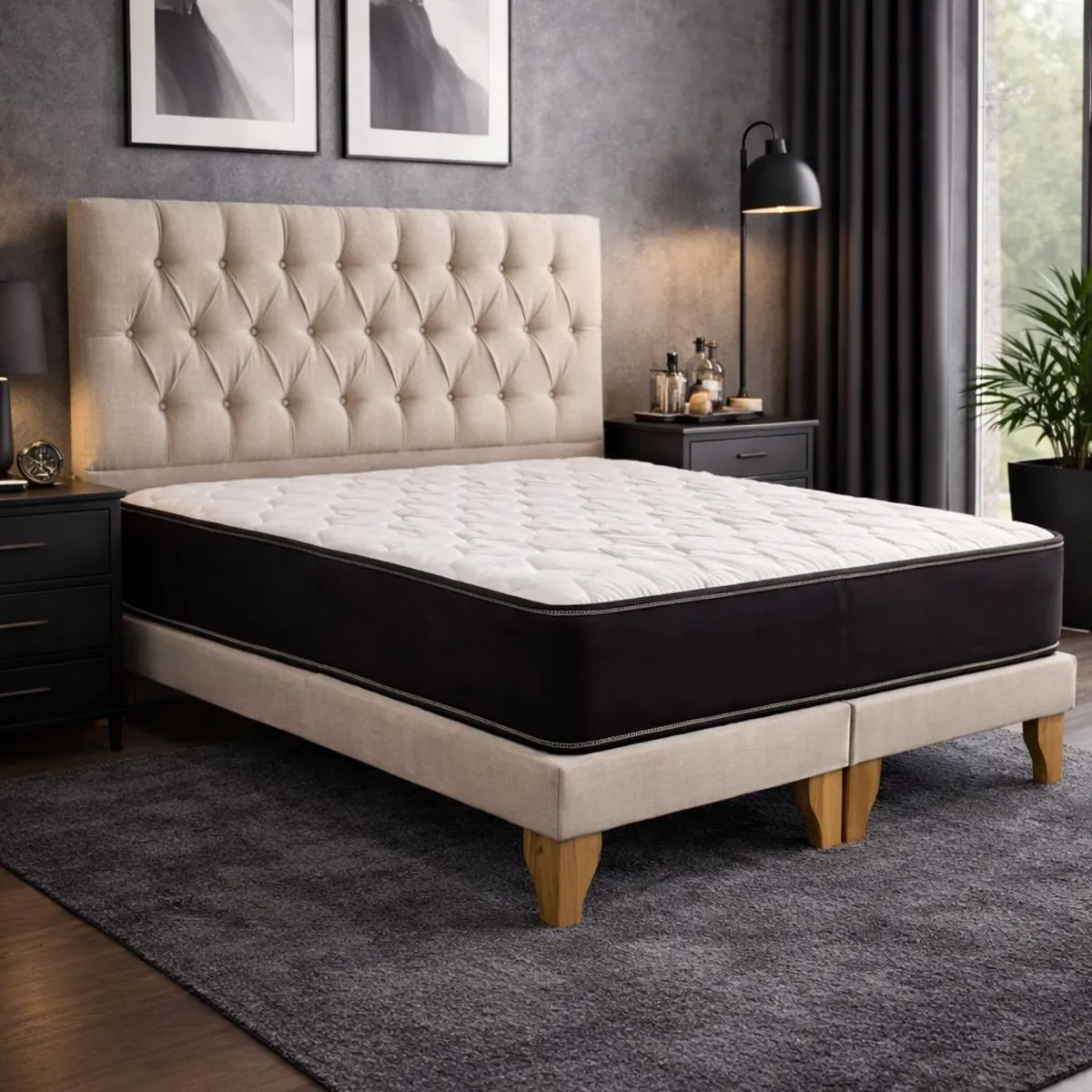 GENERICO - Set Cama 2 Plazas con Colchón Bonell + Box Tapizado + Respaldo Capitone Beige