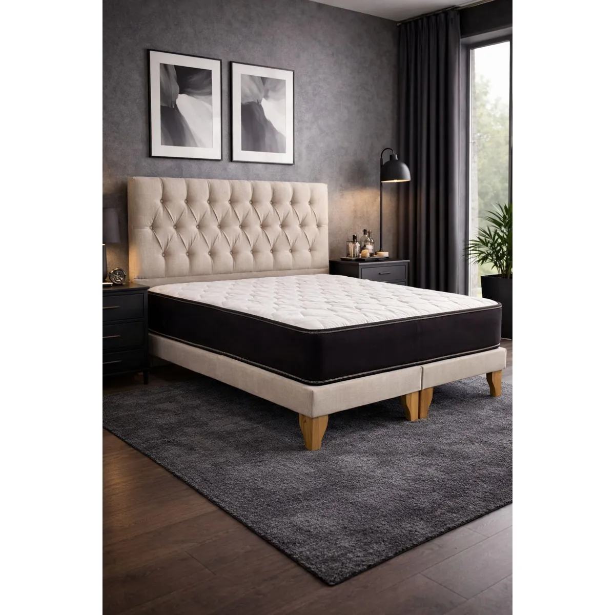 GENERICO - Set Cama 2 Plazas con Colchón Bonell + Box Tapizado + Respaldo Capitone Beige