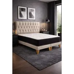 GENERICO - Set Cama 2 Plazas con Colchón Bonell + Box Tapizado + Respaldo Capitone Beige