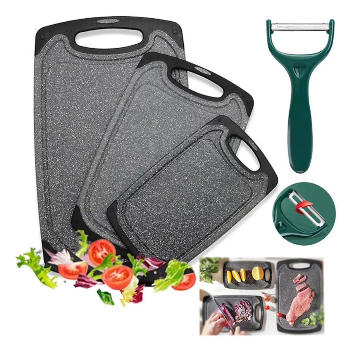 WUWAWDOGA - Tabla Para Cortar De Cocina 3pcs Set Negro Antideslizantes